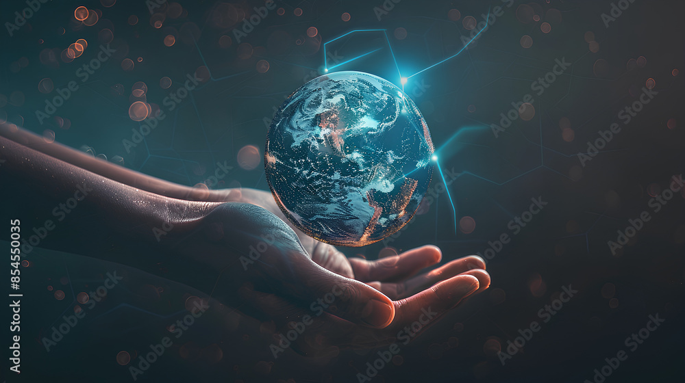 Poster abstract palm hands with global network connections, innovative technologies in the field of science