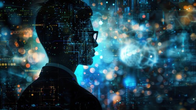 Smart man in digital background - Powered by Adobe