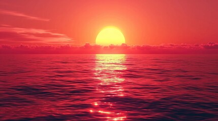 Fototapeta premium Red Sunset - Beautiful Big Sun on Summer Ocean Beach Sea 