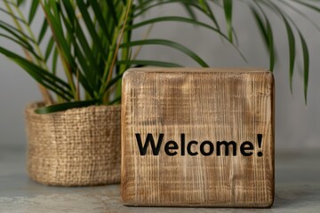 Rustic wooden welcome sign with potted plant