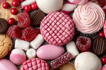 Obraz premium Assortment of delicious pink and red candies and sweets