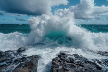 Obraz premium Powerful ocean wave crashing against rocks