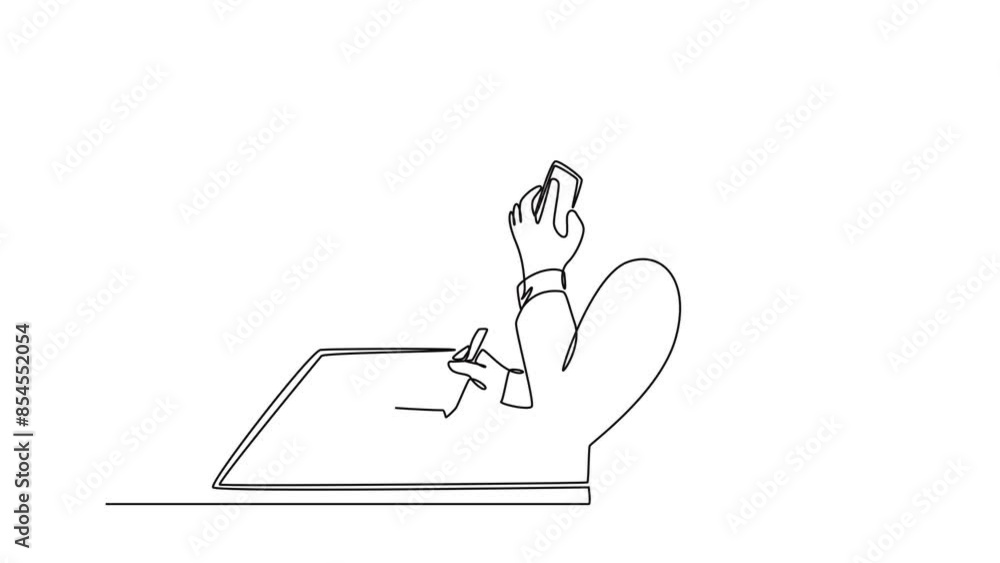 Poster animated self drawing of continuous line draw back view of startup ceo writing business deal draft o