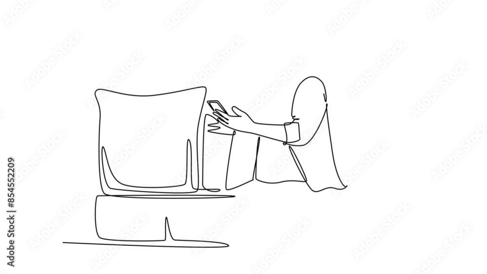 Aufkleber animated self drawing of continuous line draw of young relax business man sitting on sofa while typi