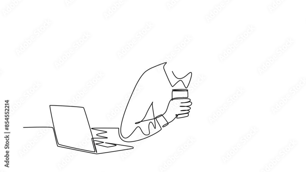Poster animated self drawing of continuous line draw male manager drink coffee in front of laptop and recei