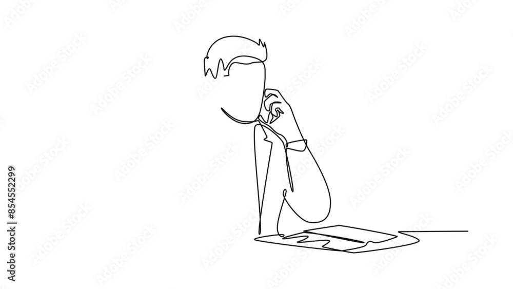Poster self drawing animation of single line draw young happy manager drinking coffee at work desk and call