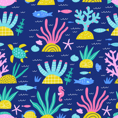 Sea life seamless pattern. Cute fish, plants and marine life. Childish print for clothes, textile, wallpaper, baby shower. 