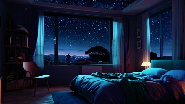 The bedroom has a large window or skylight through which a starry night sky is visible. The messy bed is the perfect spot for stargazing. 4k Lofi music background Animation Video