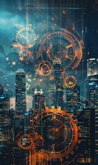 Fototapeta premium An intricate digital cityscape featuring interlocking gears and cogs, symbolizing technological progress and innovation