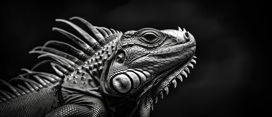 Black and white portrait of a lizard with spiky scales.