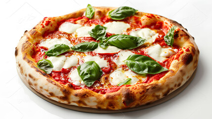 An artisanal wood-fired pizza with mozzarella, basil, and tomato sauce, isolated on white background