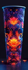 Craft an innovative visual story highlighting the transformative nature of cups that reflect the drinkers mood Implement a blend of bold color 
