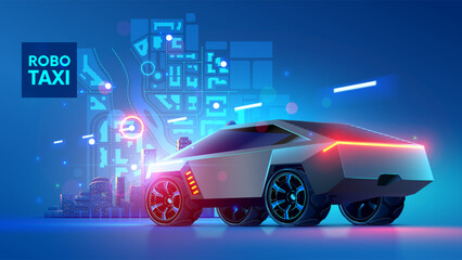 Autonomous robotic taxi stands against background of smart city plotting a route. Autonomous transportation service of electric mobility urban vehicles. Automated self driving smart car. AI Robotaxi. © AndSus