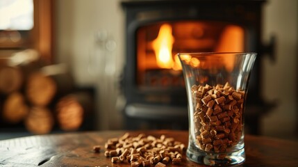 Wood pellet in a glass with a stove in the background