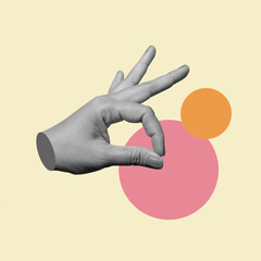 Hand making ok sign with fingers on colorful minimalist background