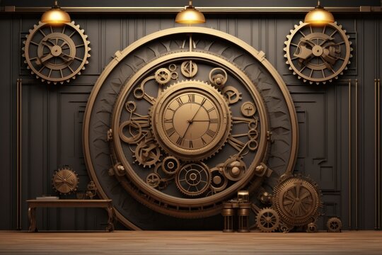 Steampunk architecture clock clockworks.