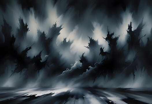 Abstract image with dark shadows and fog, featuring black paint splashes and brush strokes in a neo-expressionist style
