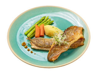 Sea Bass fried Steak with yellow mustard, asparagus, carrots and mashed potatoes isolated on white background.