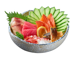 Mixed sashimi (fresh salmon, tuna, hamachi, octopus) served with thinly sliced ​​cucumber, parsley, and oba leaves isolated on white background. japanese food.