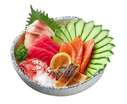 Mixed sashimi (fresh salmon, tuna, hamachi, octopus) served with thinly sliced ​​cucumber, parsley, and oba leaves isolated on white background. japanese food.
