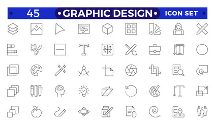 Set of outline icons of graphic design. Simple linear icons in a modern style flat, Creative Process. Graphic design, creative package, stationary, software.Minimal Graphic Design-related icon set.