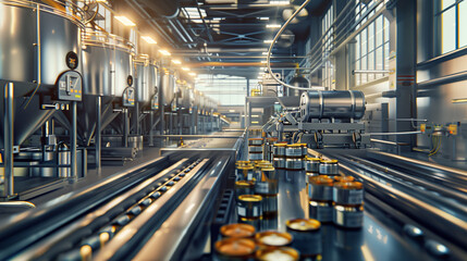 Interior of a Modern Canning Factory. This image showcases the detailed interior of a state-of-the-art canning factory. 
