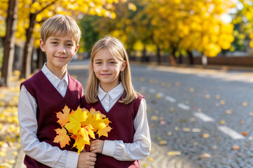 Fototapeta premium School uniform. Boy and girl in autumn park. Fall child portrait. Happy kid back to school background. Children with maple autumn leaves, season pupil clothing. Little student walk. Uniform wear