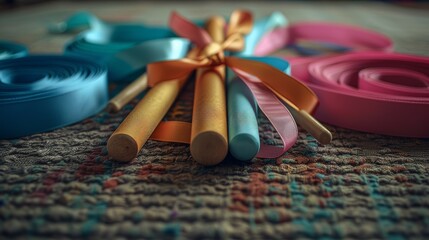 Close-up of rhythmic gymnastics equipment: ribbons, hoop, and clubs on sport mat.