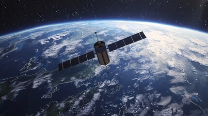 A thorough spacecraft, with fully extended solar panels, travels through the vastness of the cosmos, illuminated by faraway stars and the looming presence of our planet.