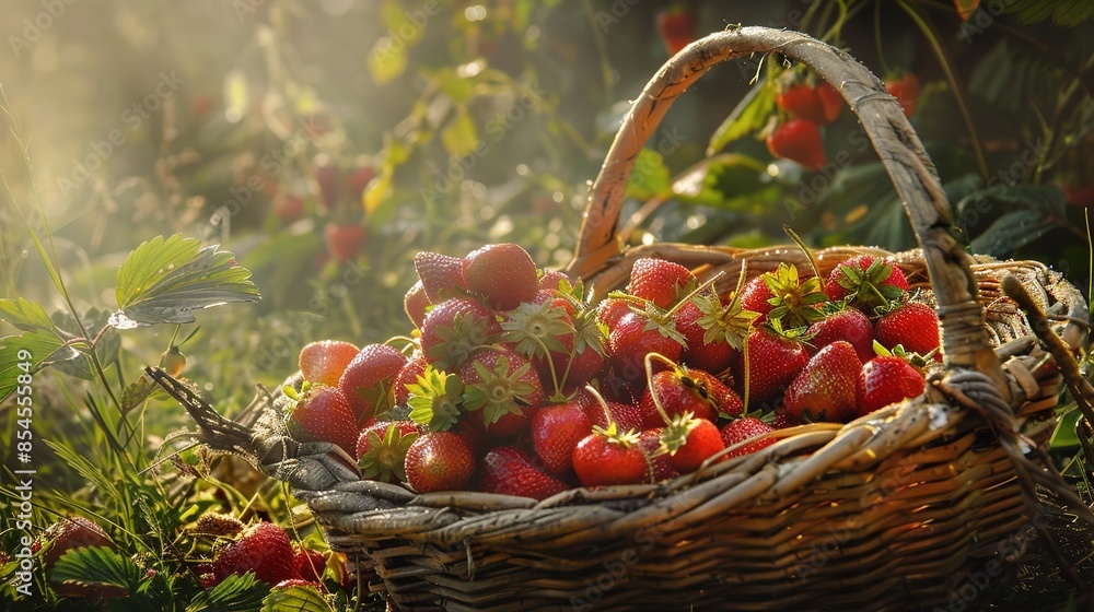 Sticker Close-up of a basket overflowing with ripe strawberries, dew-kissed, morning light