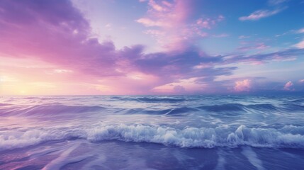 Fototapeta premium Beautiful tropical pink blue sea sunset and beautiful blue purple sky clouds in the background and sea ocean waves.