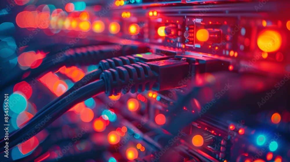 Poster a close-up of a network server room, with rows of blinking lights and cables, showcasing the infrast