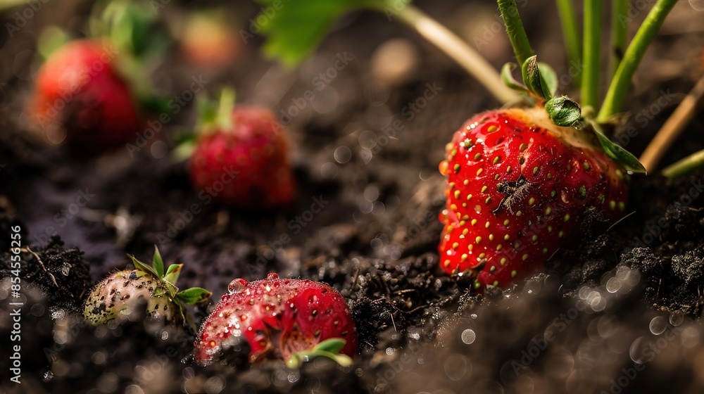 Canvas Prints Close-up of organic strawberries in soil, vibrant red, morning dew, soft focus 