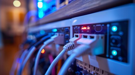 A close-up of a surge protector power strip, with multiple devices plugged in and protected from electrical surges, ensuring their safety and functionality.