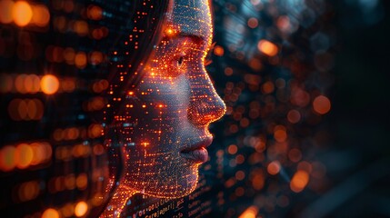An AI program analyzes stock market data, with a virtual representation in cyberspace and trading assistance through a chat bot, embodying the concept of AI fintech.