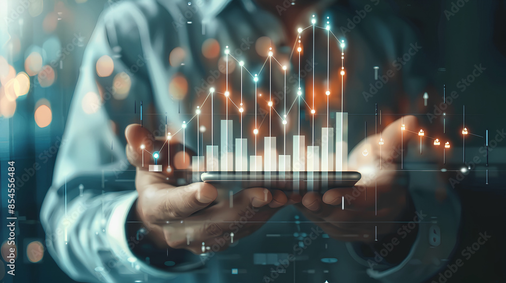 Poster businessman using mobile smartphone and icon network connection data with growth graph customer, dig
