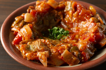 A closeup view of a bowl of zaalouk.