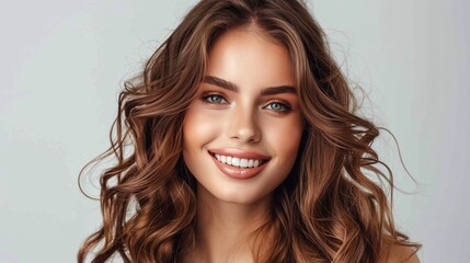 Naklejka premium Gorgeous brunette model with cascading curls, beaming with a stunning wavy hairstyle. Captivating fashion and beauty portrait showcasing pampering and grooming.