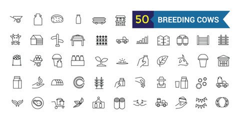 Breeding cows icons set outline vector. Dairy milk. Eat farm. Outline icon collection. Editable stroke.