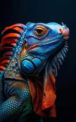 Fototapeta premium A vibrant blue iguana with orange and red accents, its head tilted in a curious pose, set against a dark background.