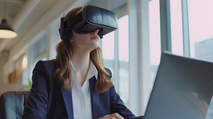 Businesswoman using virtual reality simulator at laptop in office