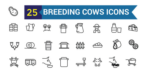Breeding cows icons set outline vector. Dairy milk. Eat farm. Outline icon collection. Editable stroke.