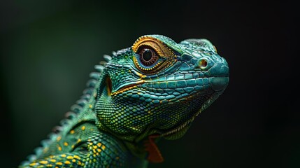 Fototapeta premium Close-up portrait of a green lizard with a bright yellow eye, looking to the right.