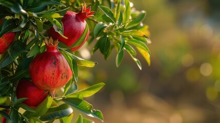 Pomegranate tree being pruned, focus on red fruit and green leaves, crisp, clear lighting 