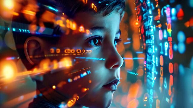 Portrait child with digital code overlay, ai learning, data and technology future, digital tech education, cybersecurity and digital marketing