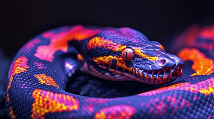 Fototapeta premium A close-up of a vibrant purple and orange snake with red eyes, its scales reflecting light.