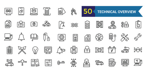 Technical overview icons set outline vector. Camera specification. Dual memory. Outline icon collection. Editable stroke.