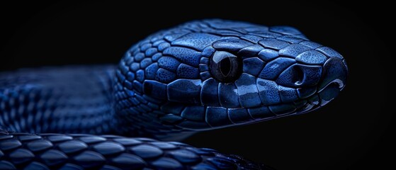Close up of a blue snake with scales and a dark background.