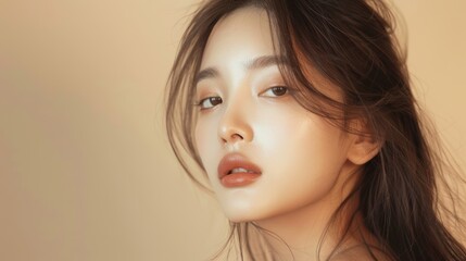 Fototapeta premium Young Asian beauty woman model long hair and perfect skin on isolated beige background