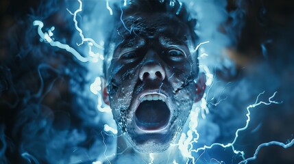 A dramatic image of a person receiving an electric shock, with visible arcs of electricity and a look of pain and surprise on their face, illustrating the danger of electrocution i